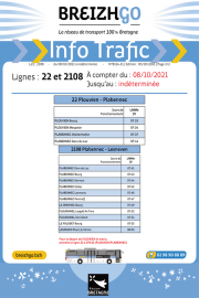 Lignes 22 et 2108 : Les horaires de la ligne 22 (service de 7h38) et 2108 (matin) sont avancés de 5 minutes à compter du vendredi 8 octobre 2021.