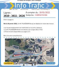 Ligne 2610 ; 2611 ; 2626 : Dès le 10 janvier 2022, l'arrêt PLOUÉDERN - Bourg est déplacé en raison de travaux.