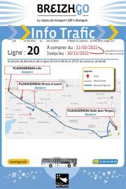 Ligne 20 : En raison des travaux à Plouguerneau Croas Tévézan, l’itinéraire évolue entre 8h15 et 17h15 du lundi au vendredi. Durant cette période les arrêts...