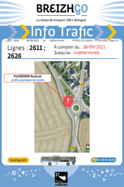 Lignes 2611 et 2626 : En raison des travaux sur Plouédern, l’itinéraire évolue. Des retards d’une durée de 5 minutes sont à prévoir au retour.