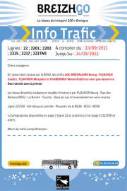 Lignes 22; 2201; 2202; 2215; 2217 ; 221TAD : En raison des travaux sur la RD59, les arrêts LOC-BRÉVALAIRE Bourg ; PLOUVIEN Caelen ; PLOUVIEN Mespeler et...