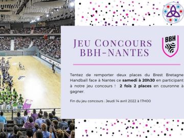 🟣 Jeu concours 
Tentez de remporter deux places pour assister au match du Brest Bretagne Handball face à Nantes samedi 16 avril 2022.
➡️ À gagner 2 x 2...
