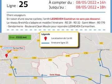 Ligne 25 : En raison d’une course cycliste, l’arrêt LESNEVEN - Coatidrun ne sera pas desservi le 8 mai entre 14h et 18h.