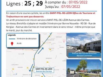 Lignes 25 et 29 : En raison d'une course cycliste, les arrêts SAINT POL DE LÉON - Office de Tourisme et SAINT POL DE LÉON - Trofeunteun ne sont pas...