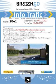 Ligne 2041 : En raison des travaux, l’arrêt LANNILIS - Prat Ar Coum n’est pas desservi.
↘ Arrêt le plus proche desservi : LANNILIS - Kerarbourg.
Le réseau...