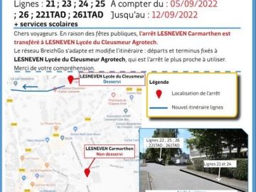 Lignes 21; 23; 24; 25; 26; 221TAD; 261TAD : . En raison des fêtes publiques 🎡🎢, l’arrêt LESNEVEN - Carmarthen est transféré à LESNEVEN - Lycée du Cleusmeur...