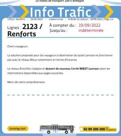 Lignes 2123 et renforts : Le réseau BreizhGo s’adapte et dessert de nouveau l’arrêt BREST Lanroze selon les informations disponibles aux pages suivantes.