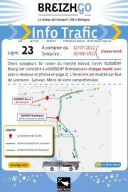 Ligne 23 : À partir d’aujourd’hui et jusqu’à la fin du mois d’août, chaque mardi l’arrêt GUISSÉNY - Bourg est déplacé à l’arrêt GUISSÉNY - Brendaouez en...