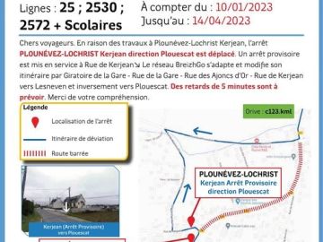 Ligne 25 : En raison des travaux à Plounévez-Lochrist Kerjean, l’arrêt PLOUNÉVEZ-LOCHRIST Kerjean direction Plouescat est déplacé à partir du 10 janvier...
