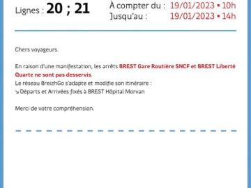 Lignes 20 et 21 : En raison d'une manifestations, les arrêts BREST- Gare Routière et BREST - Liberté ne seront pas desservis de 10h à 14h.
↘️ Départs et...